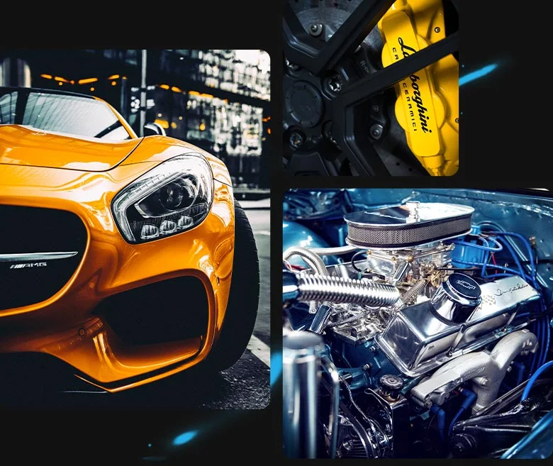 Carro esportivo, freio e motor em oficina automotiva